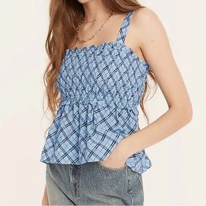 J. Crew Blue Textured Plaid Smocked Tank Top Size Large